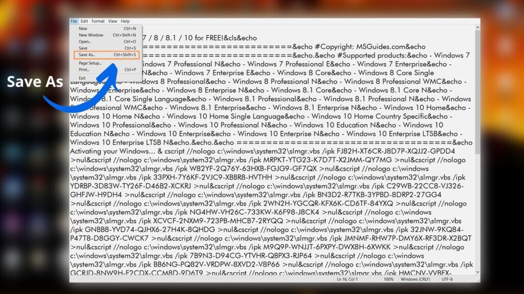 windows activator code and save as
