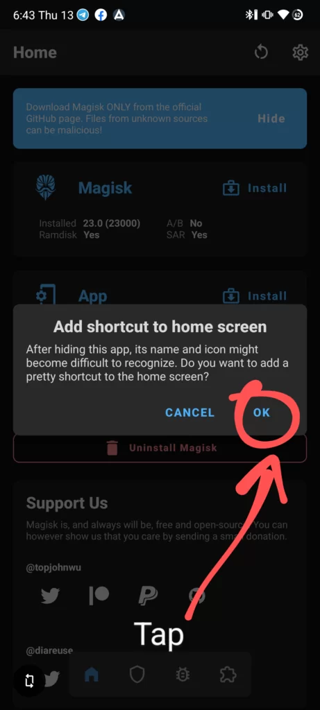 tap ok to add to home screen